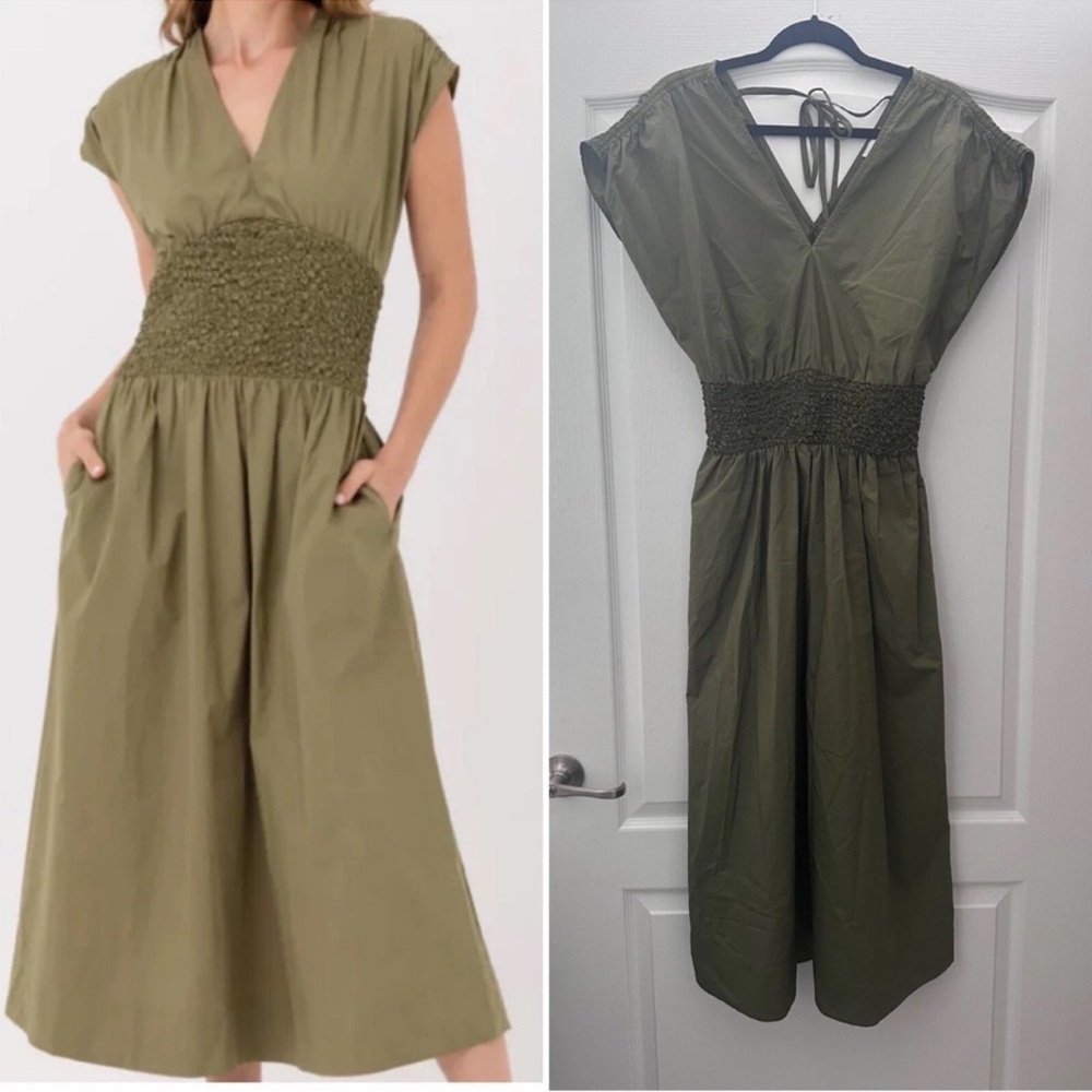 Sundays Sage Green Midi Dress with Smocked Waist S
